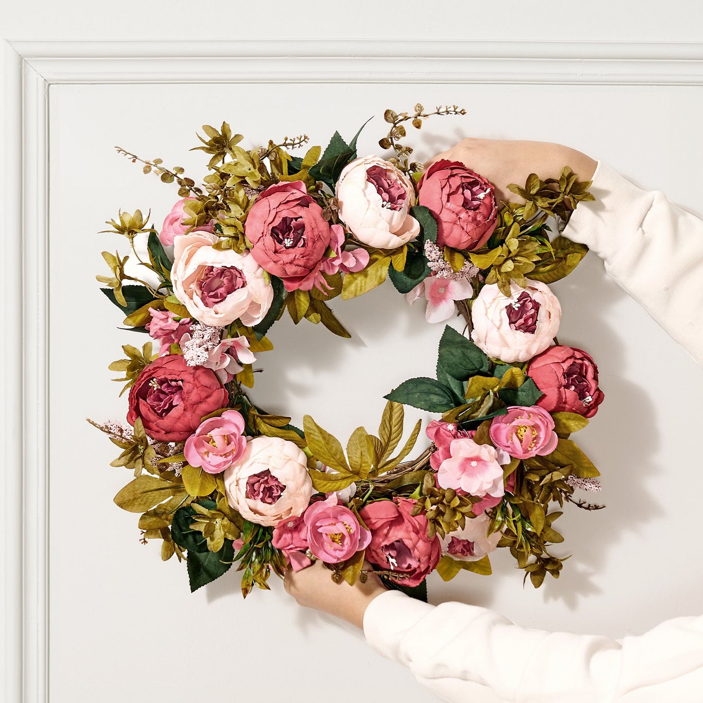 Artificial Decorative Wreath 19 In Pink Peonies Hydrangeas Year Round Wreath