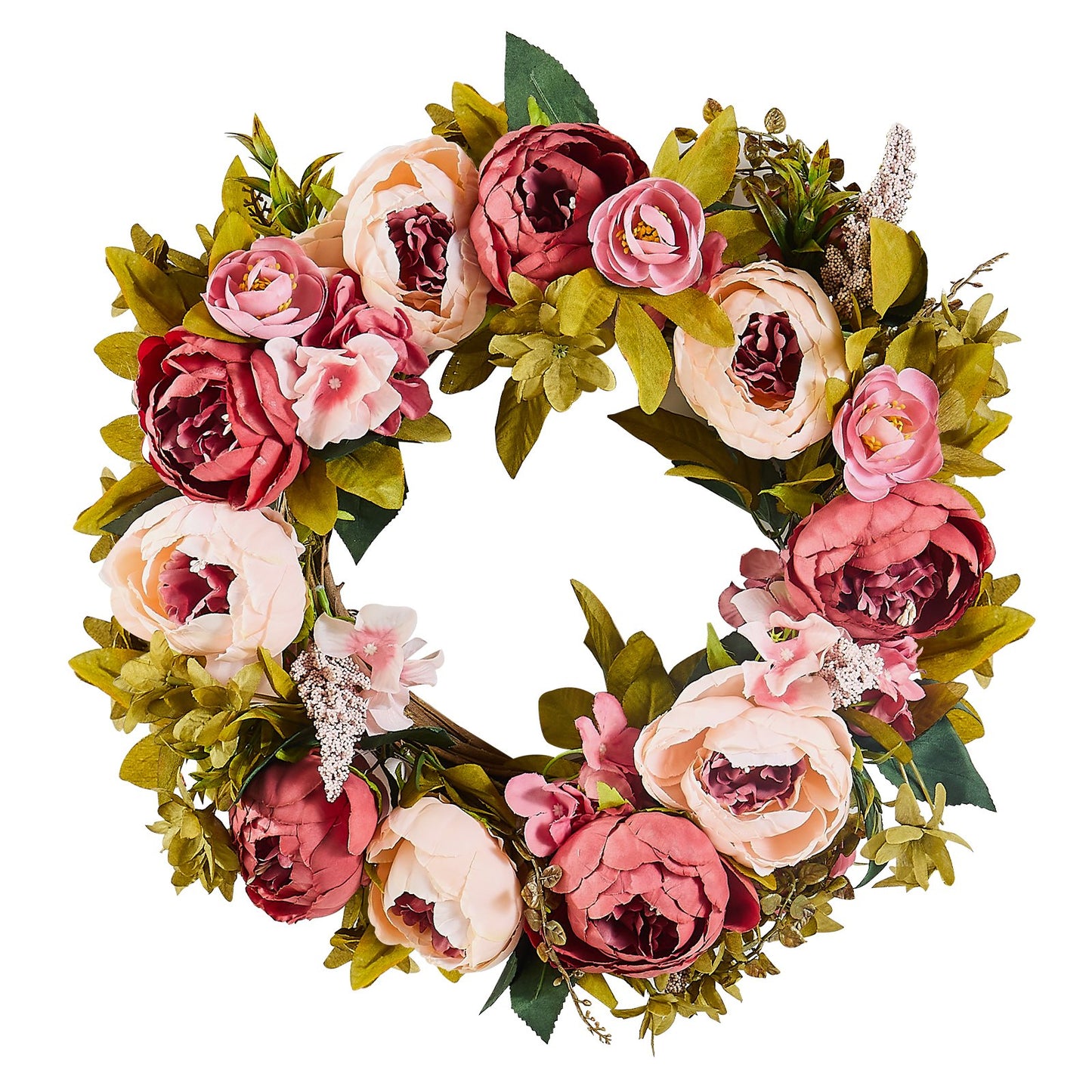 Artificial Decorative Wreath 19 In Pink Peonies Hydrangeas Year Round Wreath
